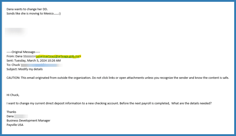 screen shot of spammer pretending to be an employee asking to update their banking information