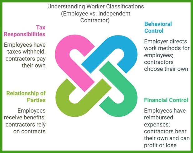   Independent contractor vs. employee  Whether a worker is an independent contractor, or an employee depends on the relationship between the worker and the business. Generally, there are three categories to consider PDF.  Behavioral control − Does the company control or have the right to control what the worker does and how the worker does the job?  Financial control − Does the business direct or control the financial and business aspects of the worker's job. Are the business aspects of the worker's job controlled by the payer? Things like how the worker is paid, are expenses reimbursed, who provides tools/supplies, etc.  Relationship of the parties − Are there written contracts or employee type benefits such as pension plan, insurance, vacation pay? Will the relationship continue and is the work performed a key aspect of the business