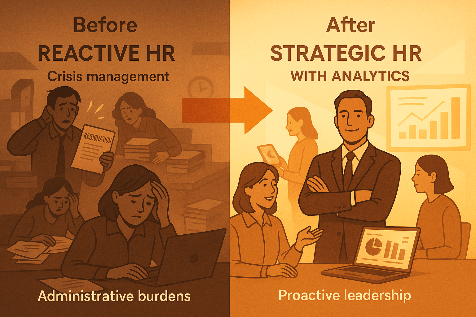 A concept that uses a twocolumn layout with a central arrow connecting the Before and After states Reactive HR represented by chaotic scenes of crisis