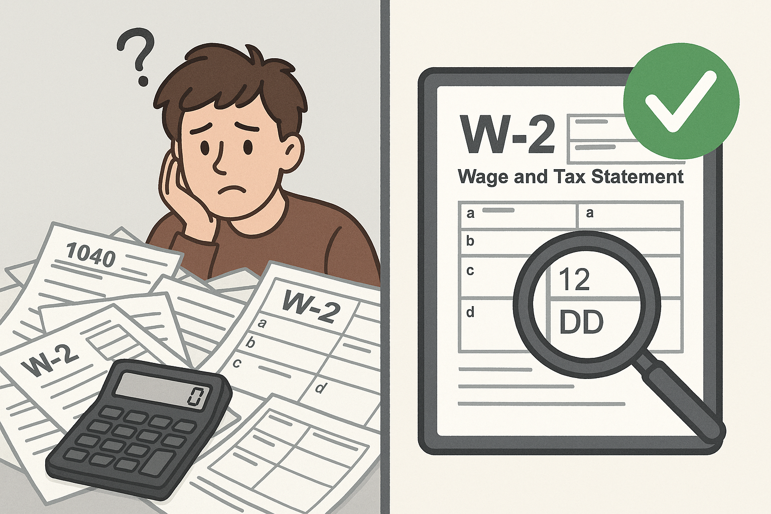 A split image one side shows a messy pile of tax formsW2scalculatorconfused person the other side shows a clean organized digitally displayed W2 form