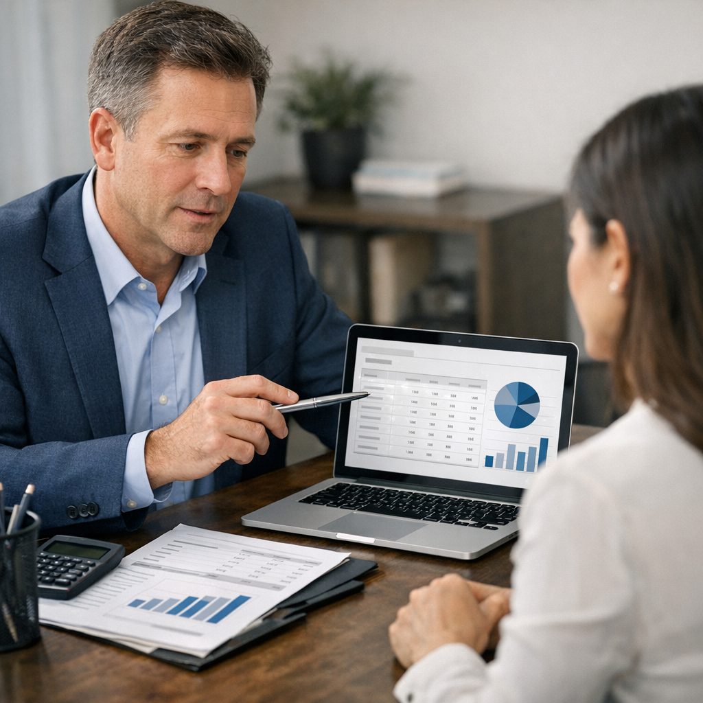 Business professional reviewing payroll setup during consultation meeting No visible text no words no letters