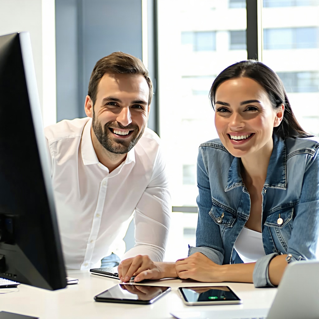 a professional real life looking photograph of two people in a business office smiling at a desk with computers ipads etc-2