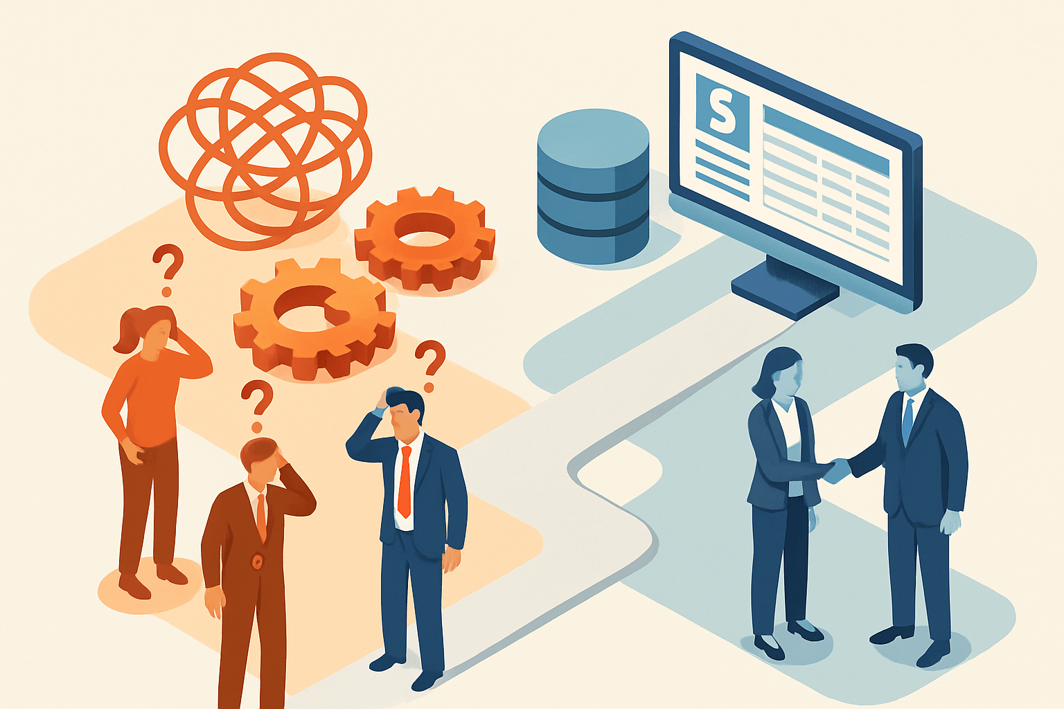 A clear, concise visual metaphor representing 'Payroll Implementation Challenges and Solutions.' On one side, show abstract representations of challenges like tangled wires, broken gears, and confused figures, colored in warm, alerting tones. On the other side, show smooth-flowing data, organized systems, and confident, collaborative business people, colored in cool, reassuring tones. A distinct, clear path or bridge should connect the challenges to the solutions, implying a successful transition. The style should be modern, clean, and professional