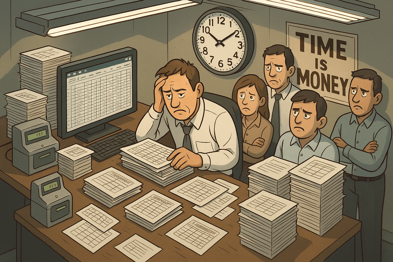 isometric The image depicts a cluttered office workspace filled with stacks of paper timesheets punch clocks and a computer screen displaying a comple