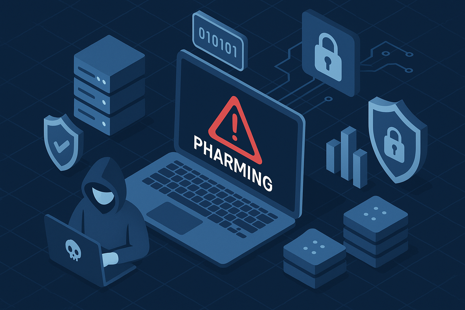 isometric a high tech crisp image that has to do with pharming attacks security and data