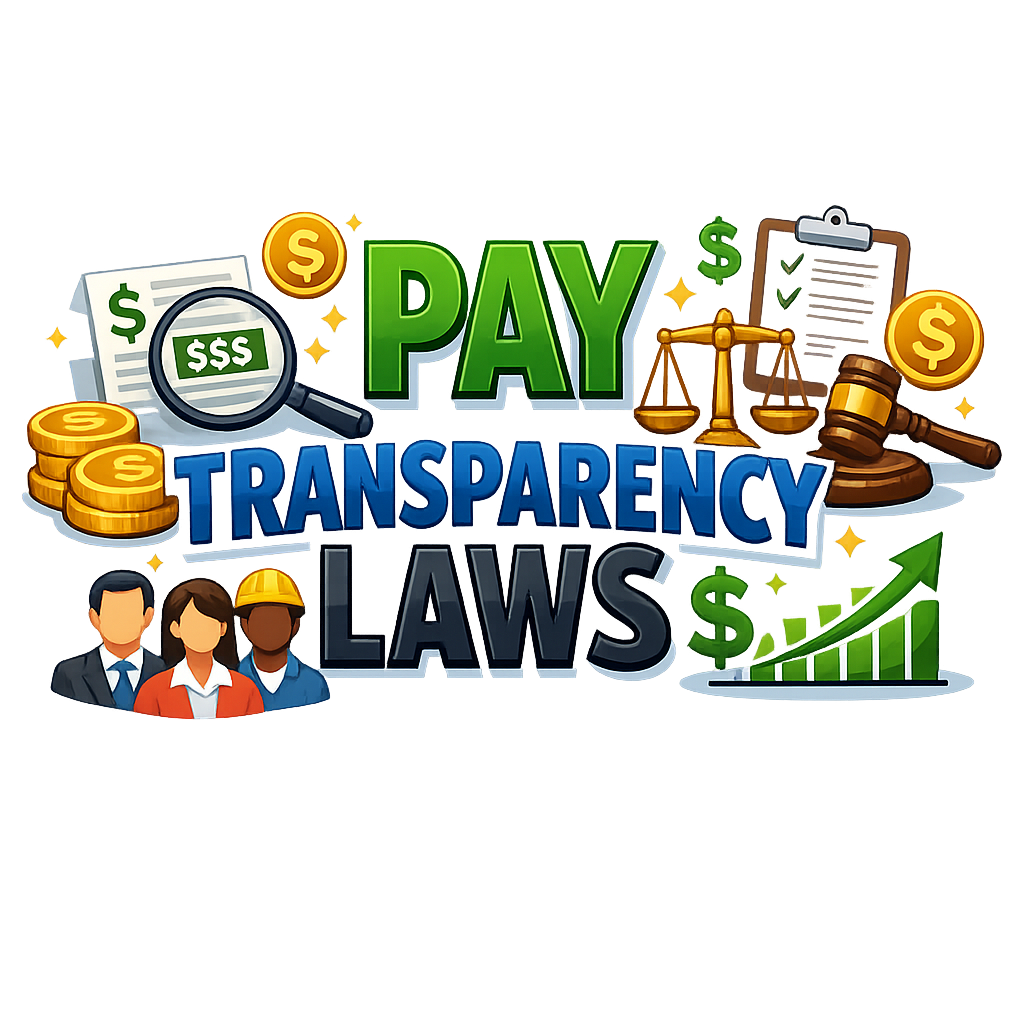 the words Pay Transparency Laws in bold with appropriate icons such as dollar signs law signs employees