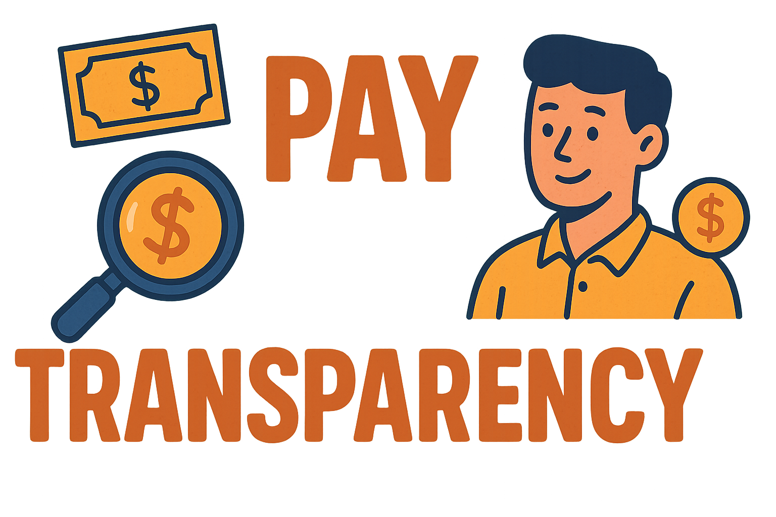 the words bold and big PAY TRANSPARENCY in a catchy font and color there should be money icons magnifying glass and an employee in illustration style
