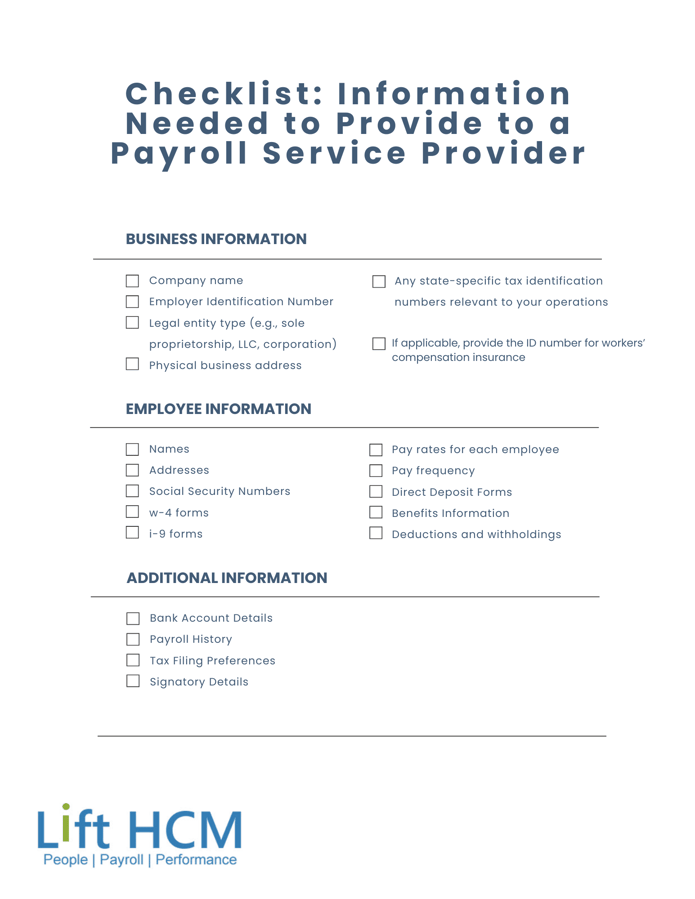 Information needed to provide to payroll service provider checklist