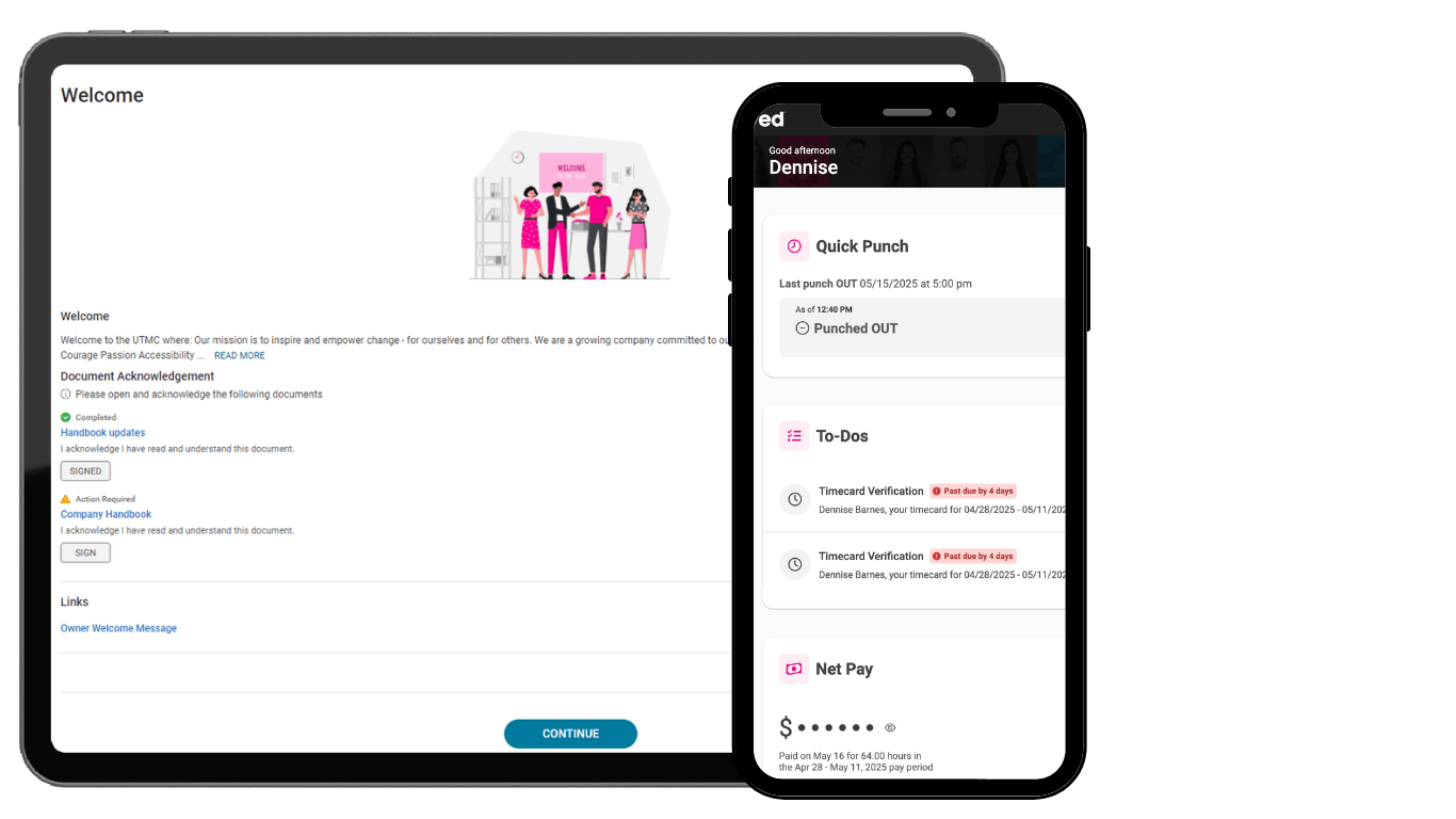 isolved employee onboarding screen shot and mobile employee workspace screenshot