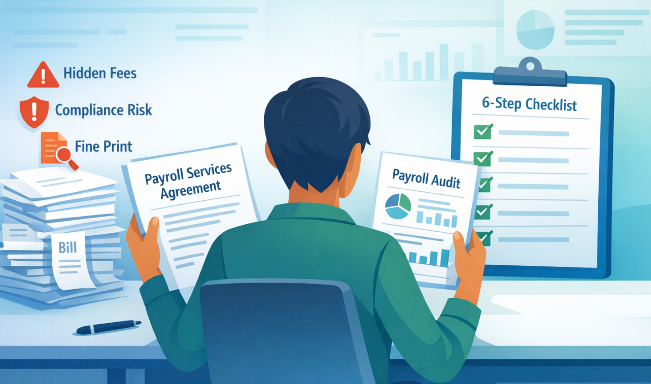 HR manager reviewing a payroll services agreement with hidden fee red flags and a six-step payroll audit checklist on screen