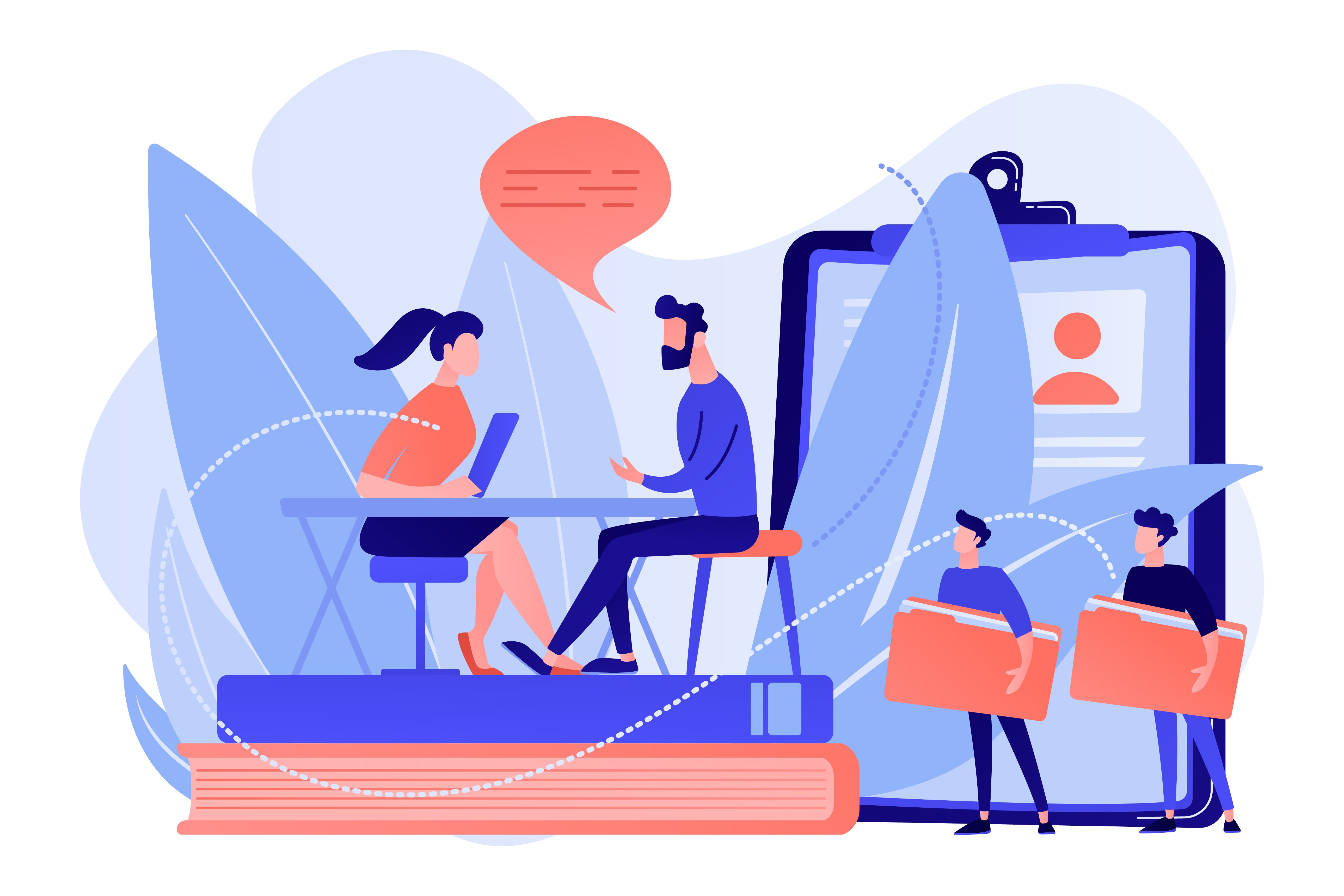 Hr specialist having an interview with job applicant and candidates waiting. Job interview, employment process, choosing a candidate concept illustration