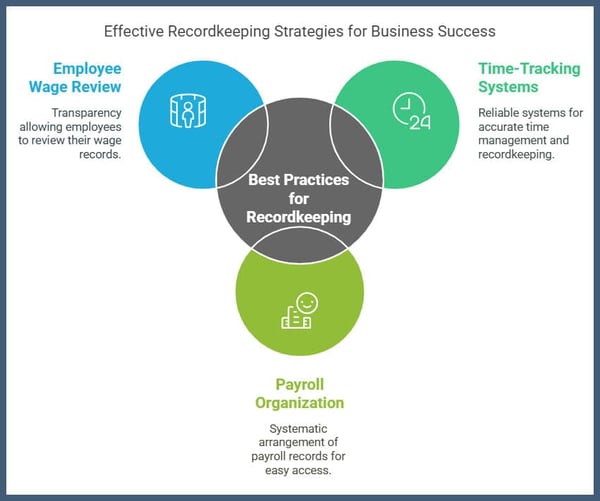 Best Practices for Recordkeeping:  📌 Use reliable time-tracking systems  📌 Keep payroll records organized and accessible  📌 Ensure employees can review their wage records