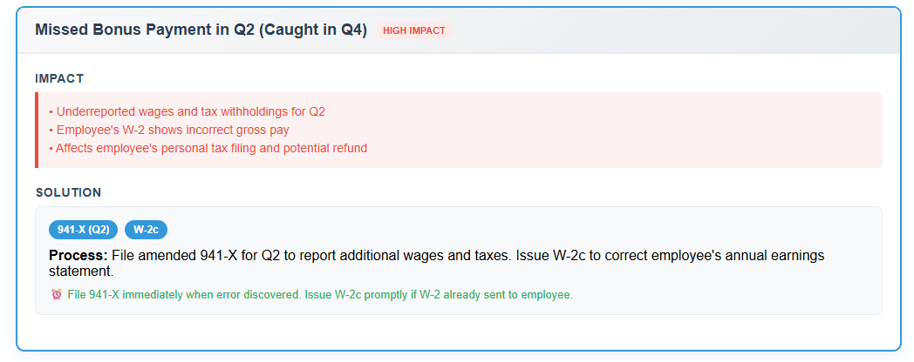 Table showing payroll mistake types, impacts, correction forms, and filing timelines
