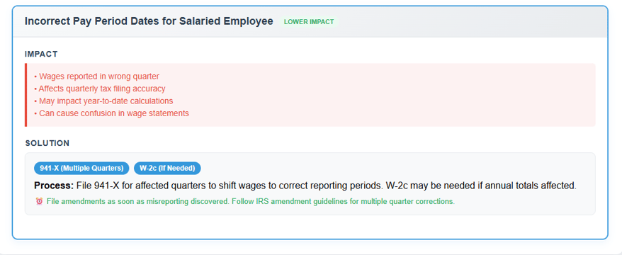 Table showing payroll mistake types, impacts, correction forms, and filing timelines