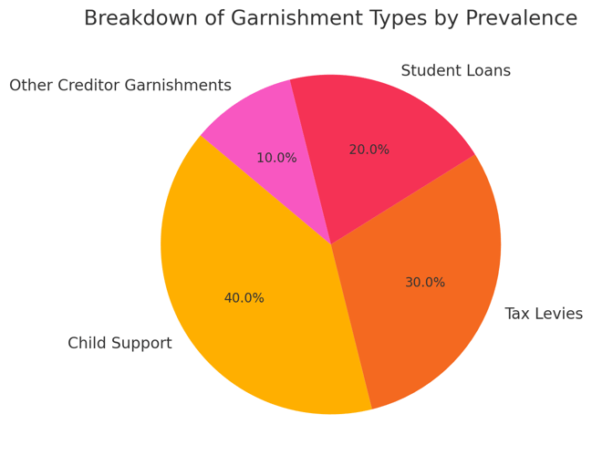 l breakdown showing the types of garnishments by prevalence (e.g., 40% child support, 30% tax levies, 20% student loans), illustrating their impact on payroll