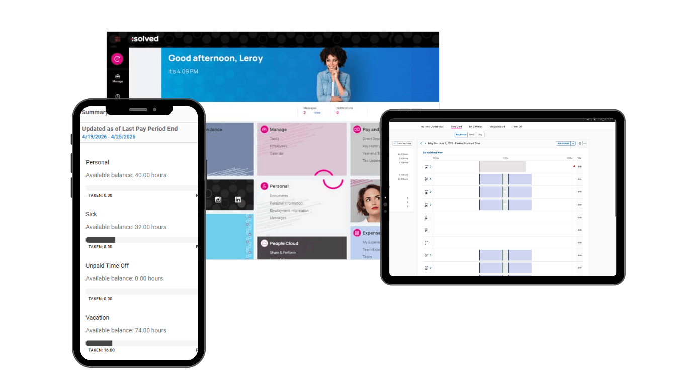 time tracking and time off views on mobile and tablet in the isolved app