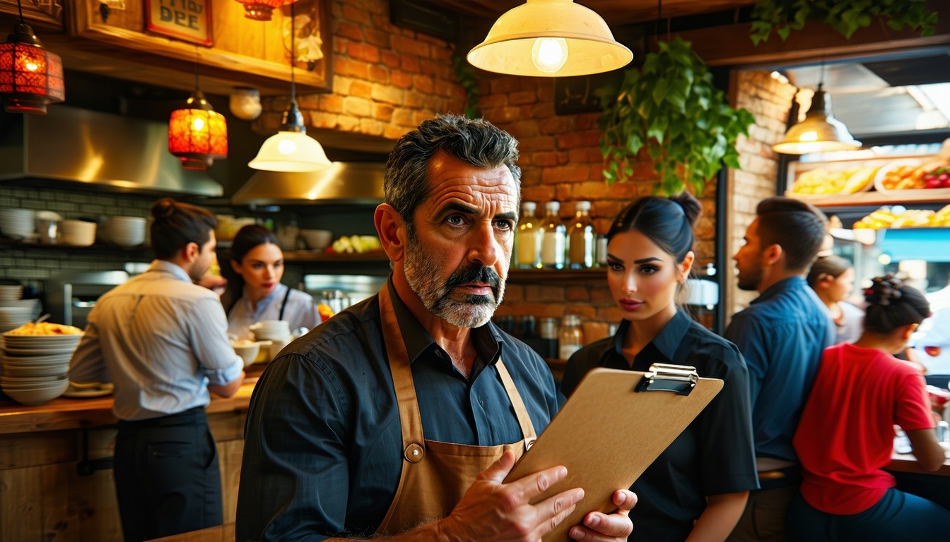 restaurant manager holding a clipboard in restaurant