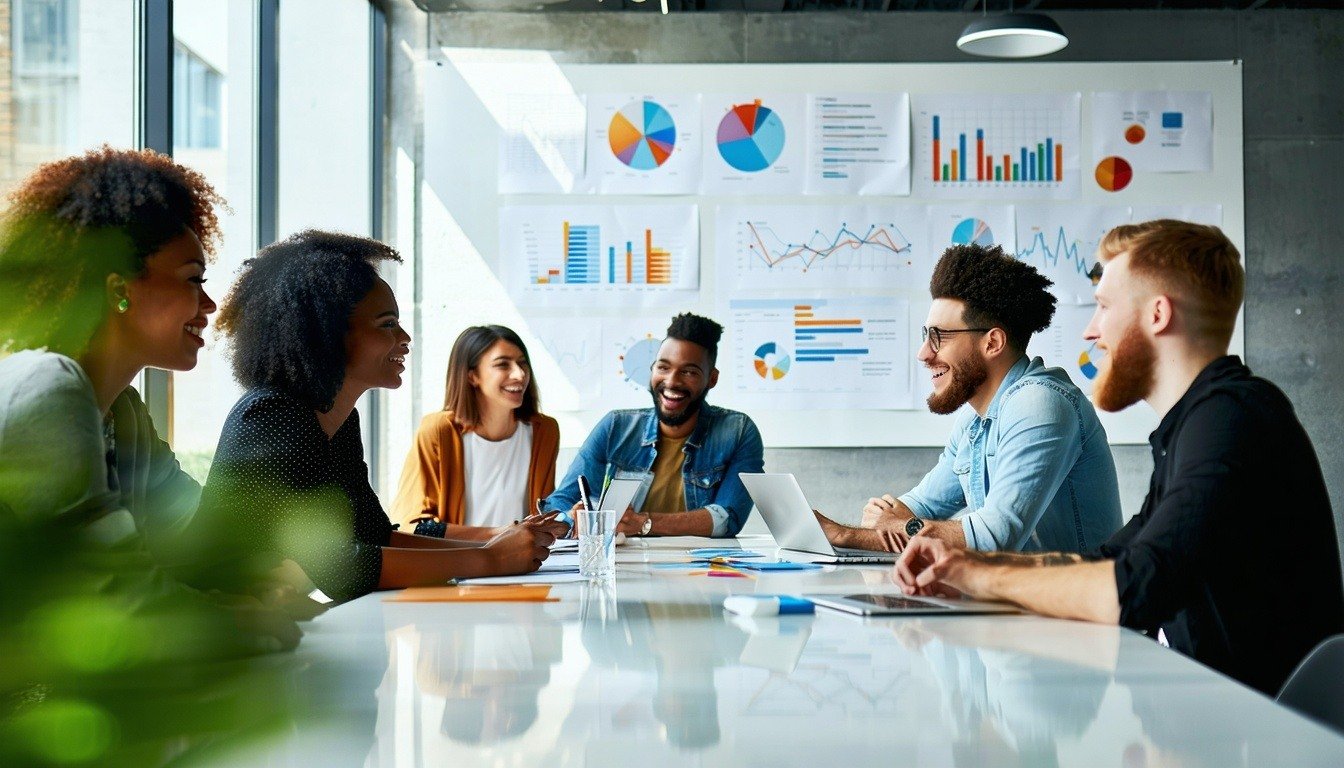 an image of people laughing at a table in an office setting