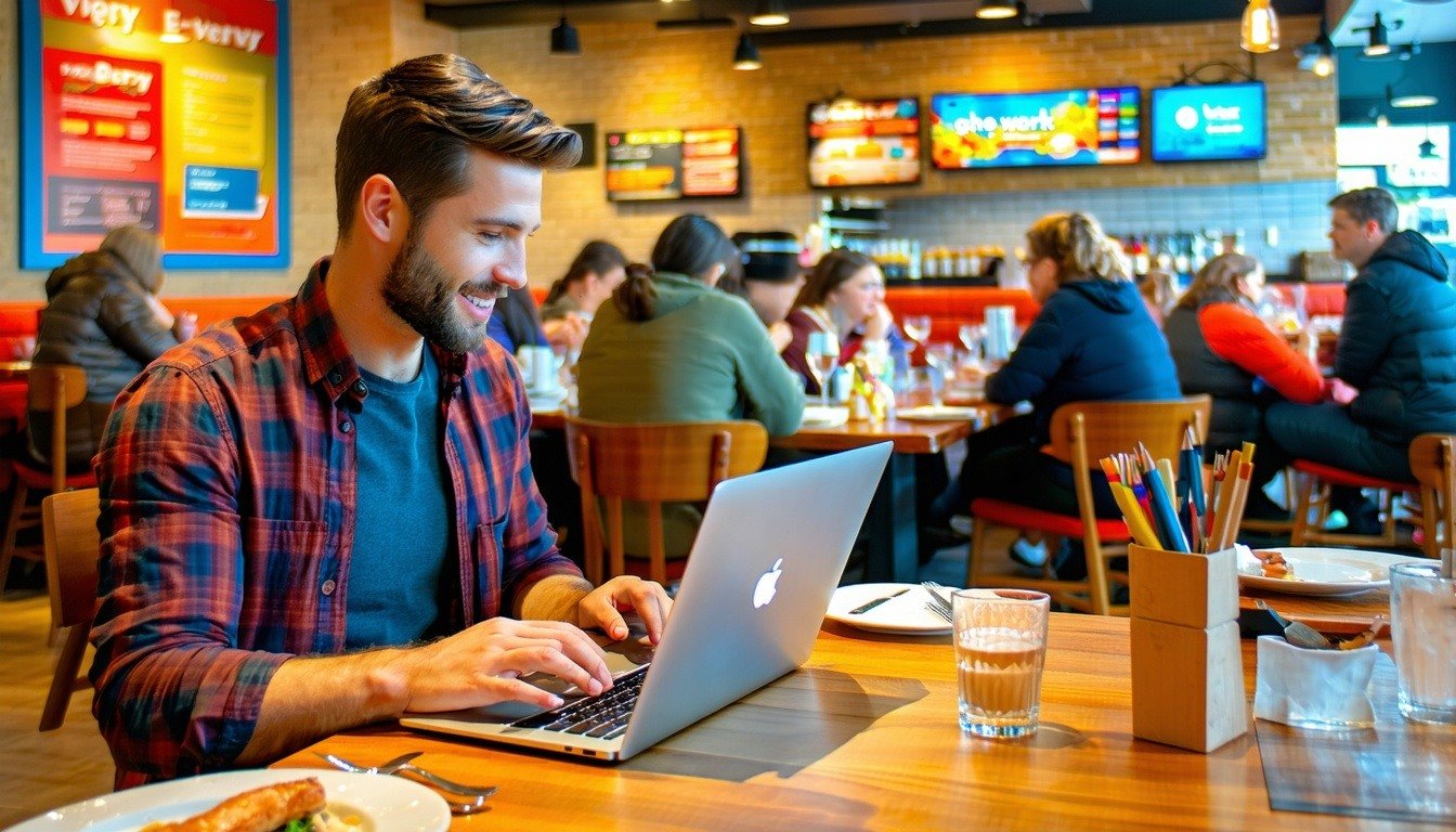 The image depicts a bustling restaurant interior filled with diverse diners enjoying their meals at wooden tables, surrounded by warm, ambient lighting. In the foreground, a focused restaurant manager is seated at a table with a laptop open, reviewing documents related to employee verification. A nearby wall displays a colorful poster of E-Verify and Right to Work, emphasizing compliance. Behind the manager, a staff member is seen serving food to a group of cheerful customers. The overall atmosphere is lively and inviting, reflecting the restaurant's commitment to quality service and legal employment practices, while also hinting at the underlying complexities of managing compliance in the restaurant industry.