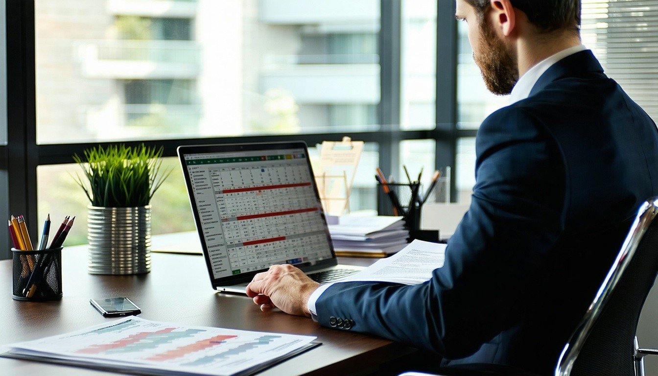 The scene centers on a dedicated employer deeply engrossed in their work at a sleek modern desk exemplifying professionalism and focus As they review the stacks of payroll tax forms and compliance documents the soft natural light pours in through a l-3