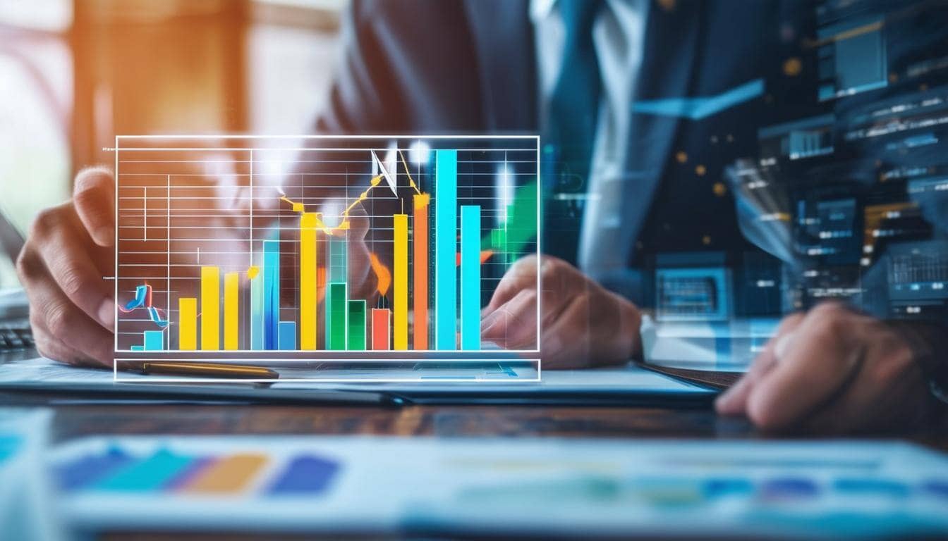 digital image of bar charts with person in the background blurred