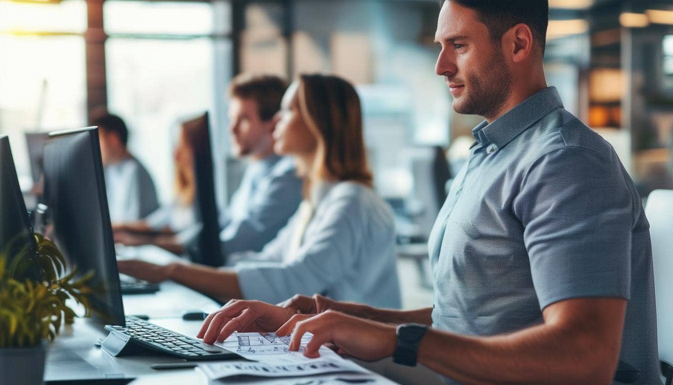 An image of a business office with employees working on computers, a payroll manager processing payroll, and employees