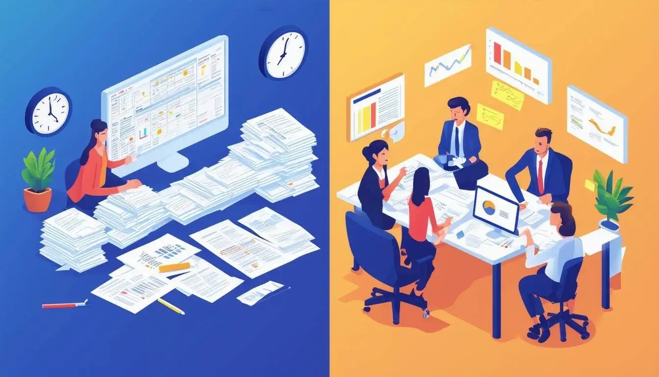 The image depicts a splitscreen comparison of inhouse versus outsourced payroll management