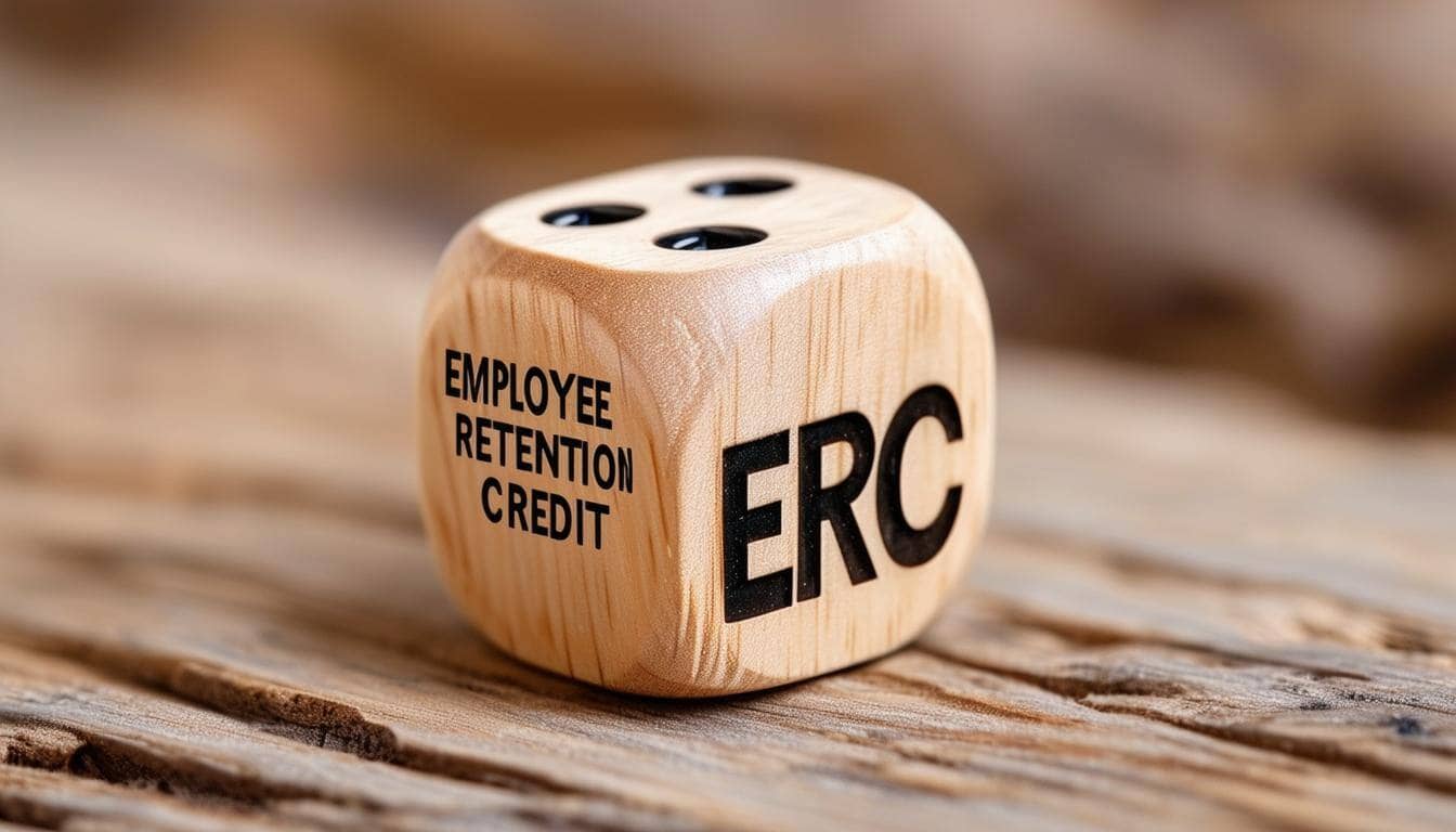 WOODEN dice with the words EMPLOYEE RETENTION CREDIT ERC IN AMERICAN ENGLISH