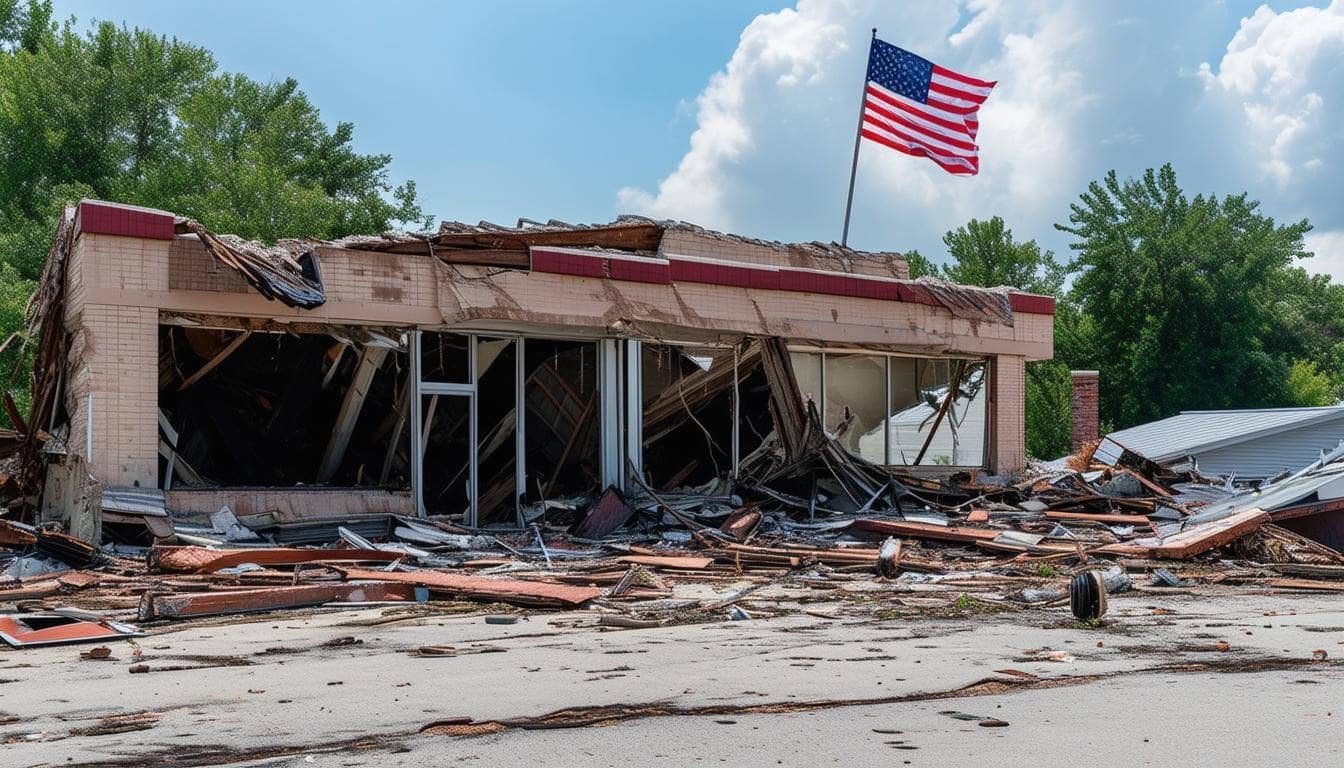 a demolished business from after a natural disaster with an american flag blowing in the air