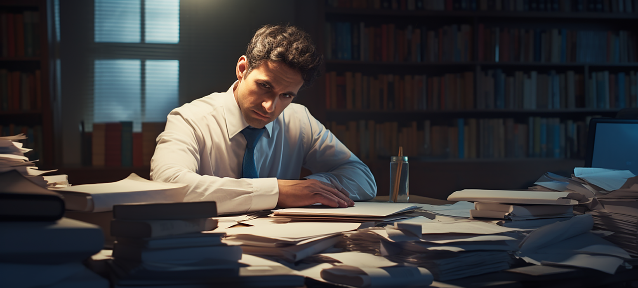 ai generated image of businessman at desk piled up in papers