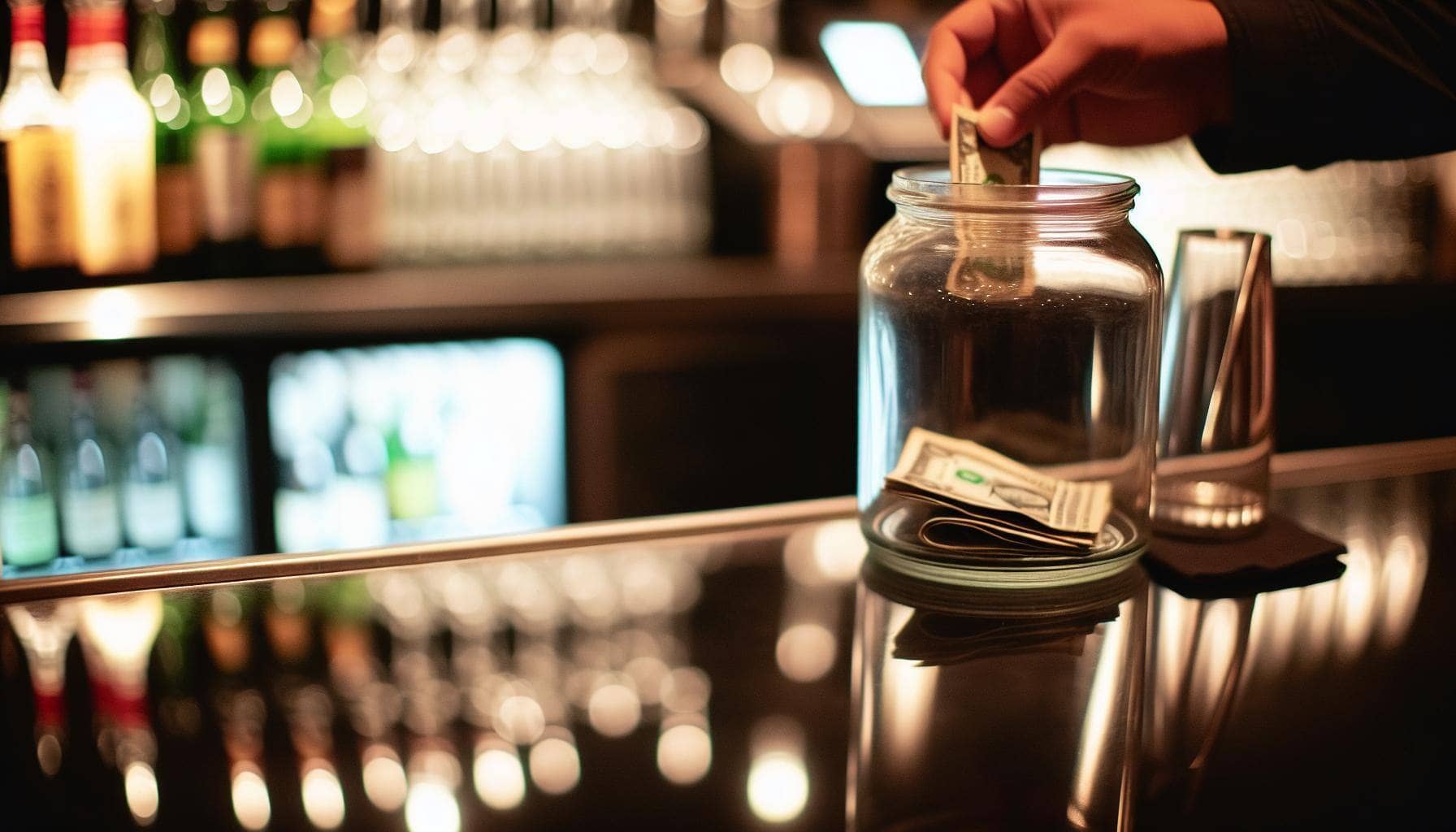 glass jar on a restaurant table top bar with someone putting cash tips in it