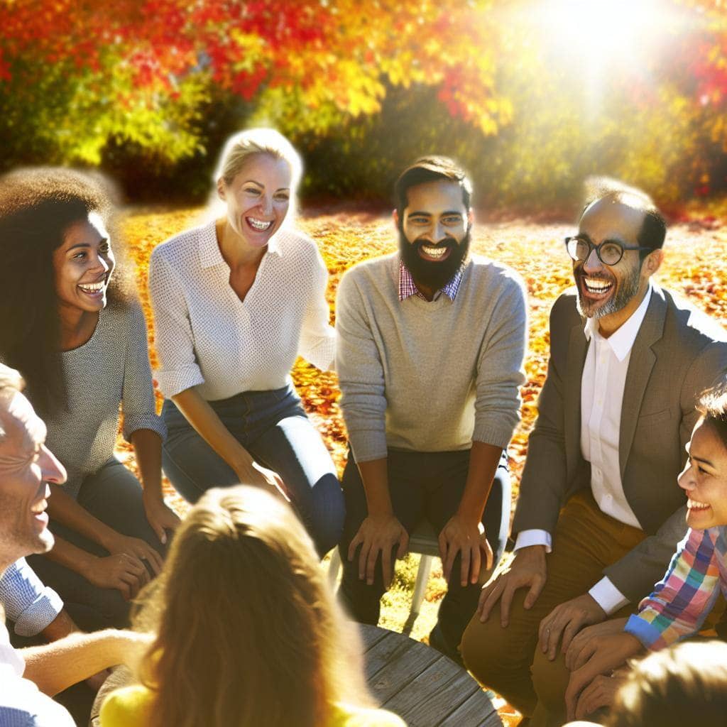 happy employees working together outside in the fall time