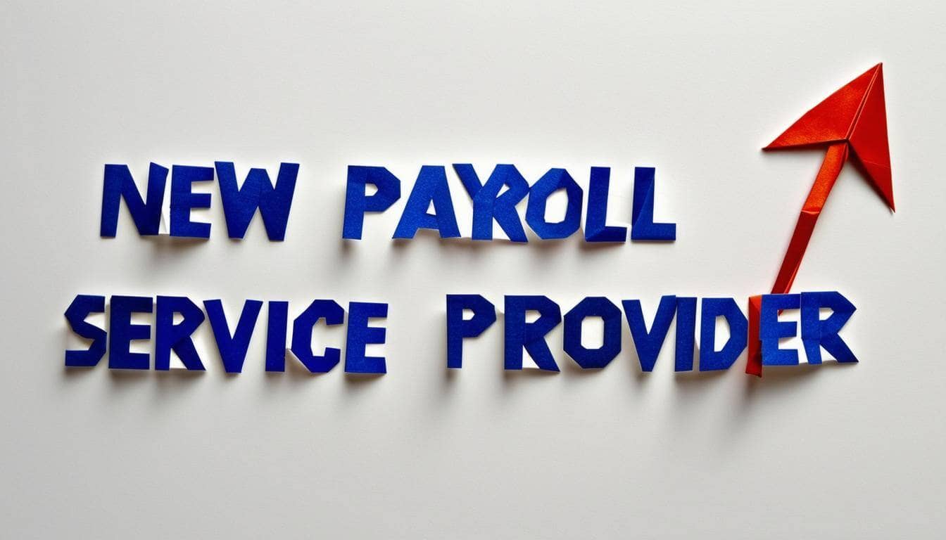 words that spell out, NEW PAYROLL SERVICE PROVIDER in american english with an arrow